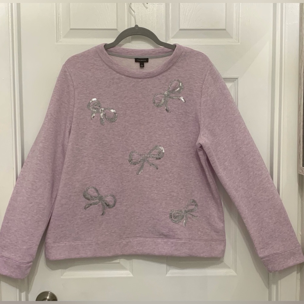 Talbots Lavender Sweatshirt With Silver Sequined Bows • Sz. Large • EUC